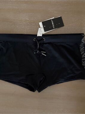 Emporio Armani Black Men's Swim Shorts with Logo Waistband